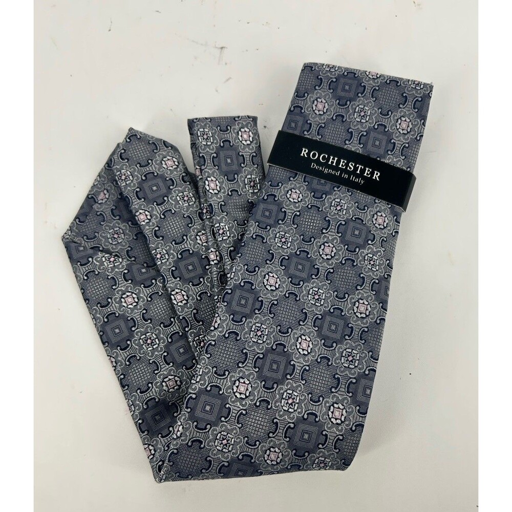 Mens Tie Rochester Gray Pink Accents Medallion Print XLong Silk NEW